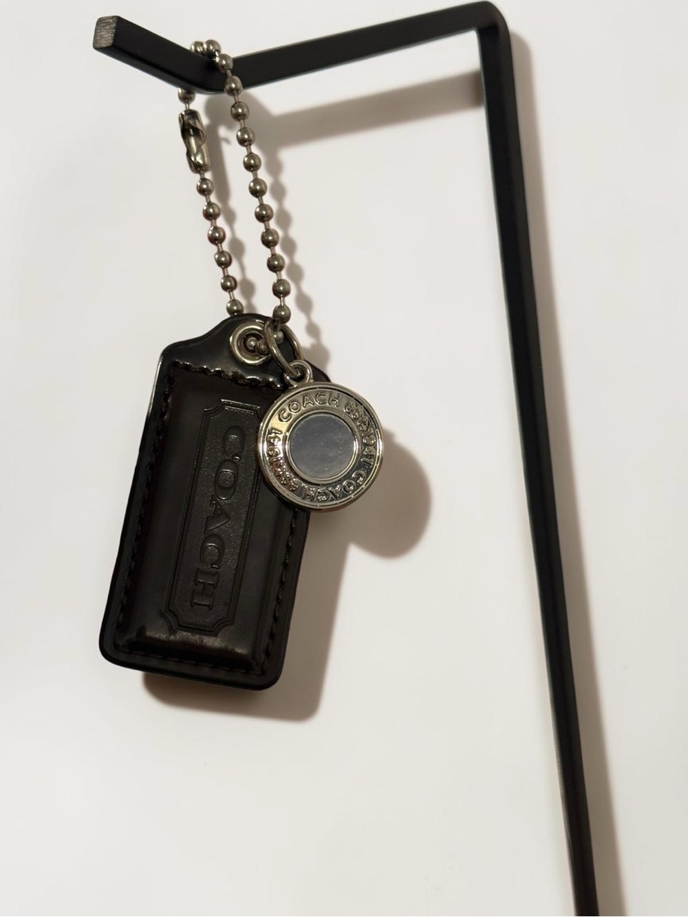 COACH Leather Hangtag Bag Charm Keychain Deep Brown Silver Tone Logo Fob Charm